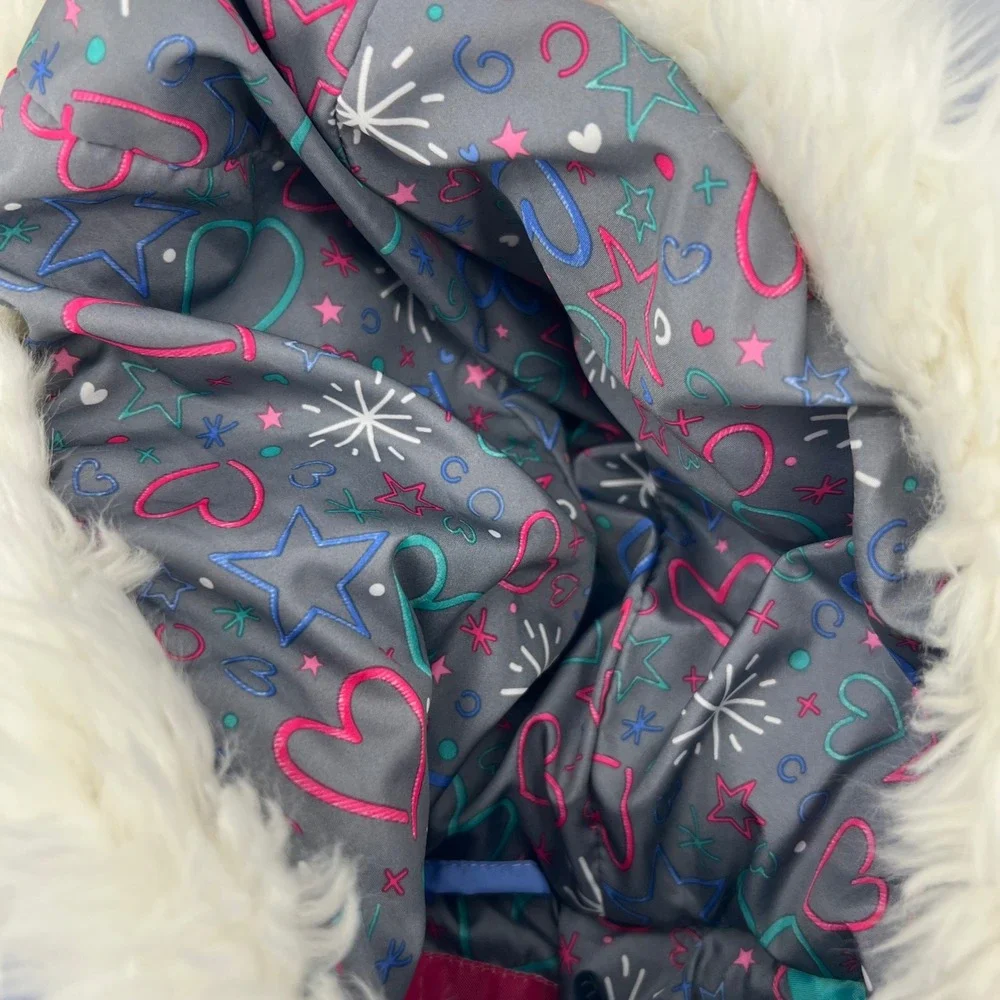 London Fog Kids Puffer Coat Jacket S/4 Blue Faux Fur Hood‎ Embroidered Hearts